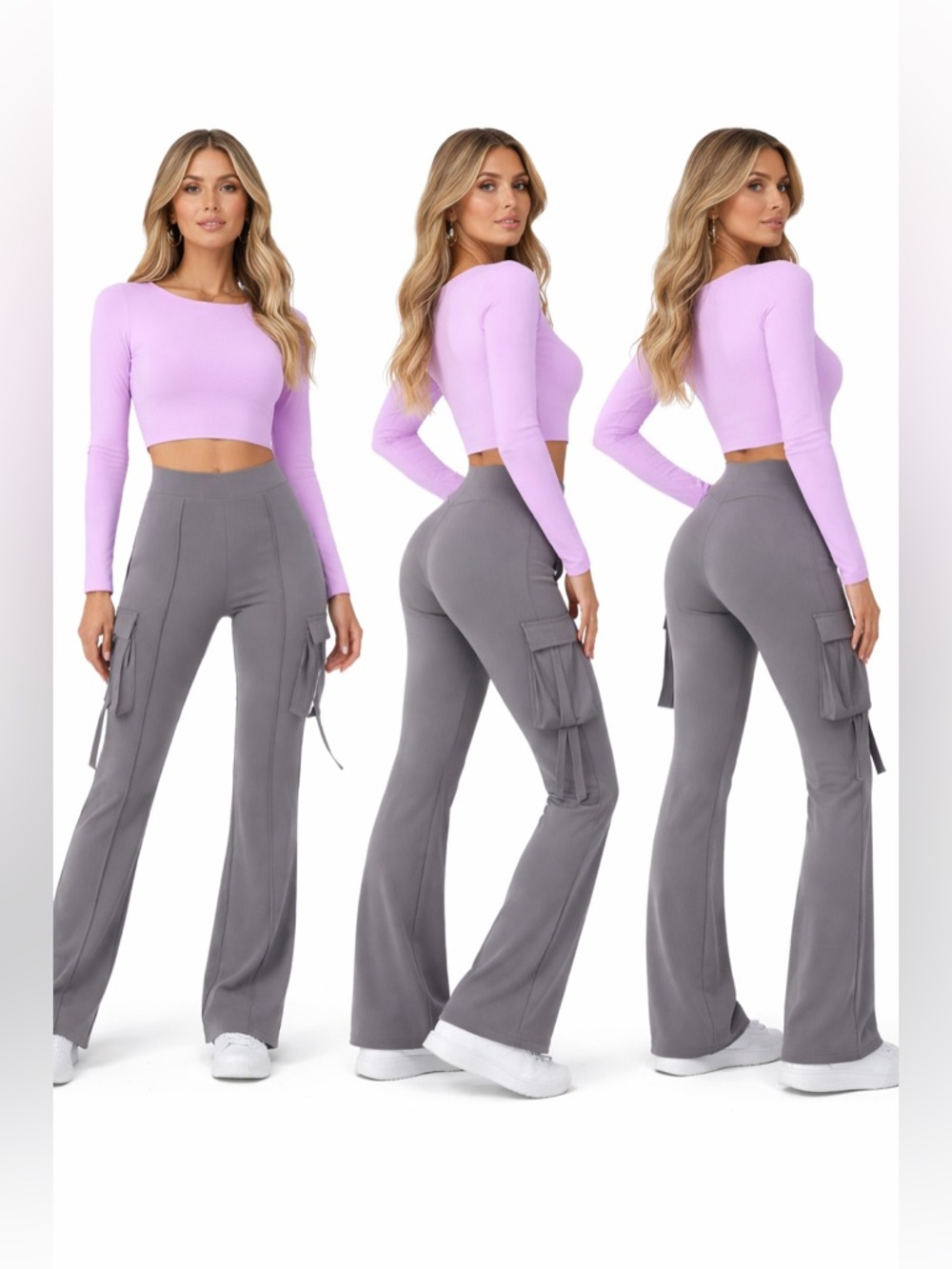 Halara Gray Cargo Flare Pants Small Petite NWT High Waisted Pull On Stretch